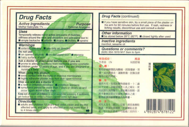 hysan Hua Tuo Medicated Plaster back
