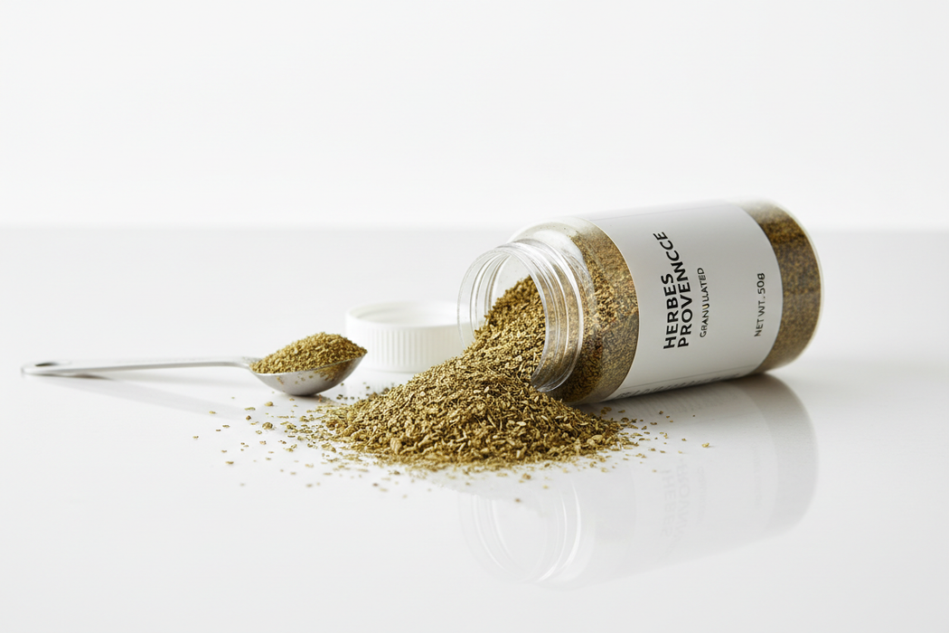 white plastic bottle of granulated herbs on its side spilling out granulated powder. Next to this bottle is a small measuring spoon